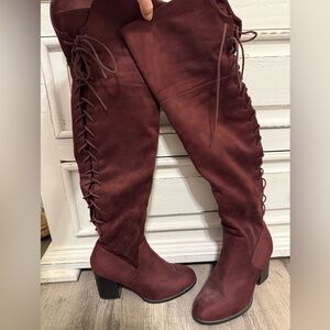 Soda Burgundy Over the Knee Lace-Up Boots
